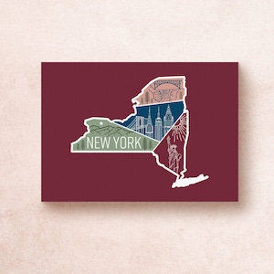 Cartão postal de Nova York | Impressões ilustradas Estados dos EUA | Cachoeira NYC Estátua da Liberdade Montanhas Cidade | Decoração de presente de lembrança de aventura de viagem