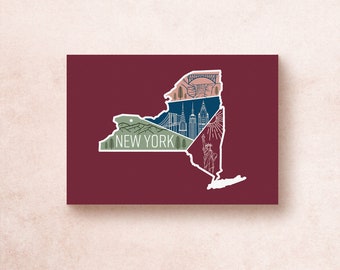 New York Postcard | Geometric Illustrated Prints USA States | Statue of Liberty mountains City | Travel Adventure Souvenir Gift Decor