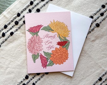 Happily Ever After Wedding Card | Wedding Gifts Bridal Shower Card | Floral Illustrated Cute Gift Chrysanthemums Flowers Pink Yellow Orange