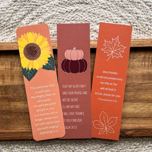 Conjunto de 3 marcadores de versículos bíblicos de outono tamanho 2"x7" ESV | Abóboras Folhas Girassol Flores Florais Dê graças Cartões de memorização agradecidos