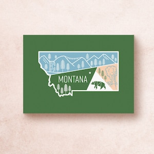 Montana Postkarte Druck | 15x20 Reise Abenteuer US Zustand Illustration Berge Bäume Geysire Natur Wasserfall Bär Schnee | Souvenir Geschenk Dekor