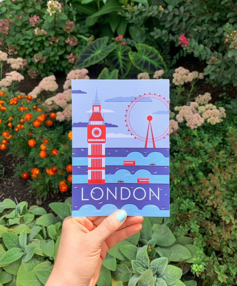 Carte postale de voyage à Londres | Carte postale illustrée de 5 x 7 po. Londres, Angleterre, Travel Adventure Bus Taxi Bridges | Cadeau souvenir | Décor image 3