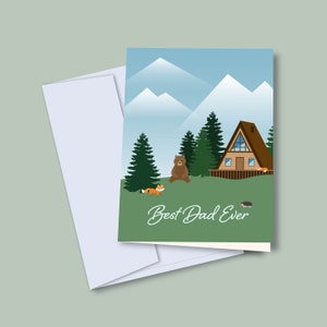 Kaart voor beste vader ooit | Cadeaukaart voor Vaderdagviering | Buiten Hut Bos Dieren Bergen Natuur Illustratie Blanco kaart