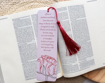 Love is Patient Verse Bookmarks ESV | Size 2&quot;x7&quot; 1 Corinthians 13:4-8 | Rose Floral Flower Christian Verse Bible Memorization Cards Tassels