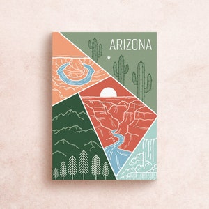 Stampa cartolina di viaggio dello stato dell'Arizona / Avventura di viaggio geometrica Montagne Grand Canyon Horseshoe Bend Parchi nazionali / Decorazione regalo souvenir