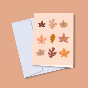de feuilles d'automne | Taille 4,25 x 5,5 po. Automne feuilles de formes différentes, feuillus, beige, couleur neutre, thème, illustration, cartes de voeux vierges