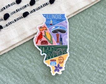 Illinois Sticker | USA State Travel Souvenir Gift Mountains Nature Route 66 Chicago Cubs Cloud Gate Lincoln Flowers Lake Corn Pumpkins