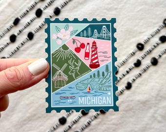 Michigan Stamp Sticker | USA State Travel Souvenir Gift National Parks Illustrated Lakes Mountains Lighthouse Nature | Weatherproof Vinyl