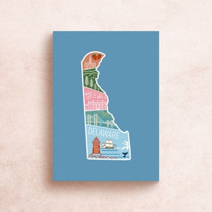 Delaware Postcard / Stampe illustrate geometriche Stati Uniti / Faro Mansion fiori oceano Natura Viaggio Avventura Souvenir Regalo Decorazione