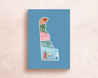 Delaware Postcard | Geometric Illustrated Prints USA States | Lighthouse, Mansion, flowers, ocean | Travel Adventure Souvenir Gift Decor