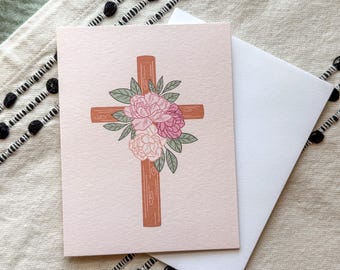 Cross Greeting Card | Peony Flower Illustrated Cards | Christian or Easter Gift ideas | Floral Cute Gifts