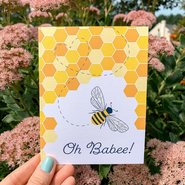 Oh Babee Greeting Card | Illustration Bee Baby Shower Greeting Card | Pun Card | Blank Card | A2 | Any Occasion Greetings
