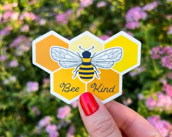 Bee Kind Sticker | Unique Shape in Color | Puns | Honeycomb Illustration Laptop Water Bottle Decoration Stickers