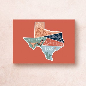 Cartolina del Texas / Stati Uniti Stato Geometrico Viaggio Avventura Cappello da cowboy Stivali Montagne Cactus Illustrazione Parchi nazionali / Souvenir Regalo Decorazione