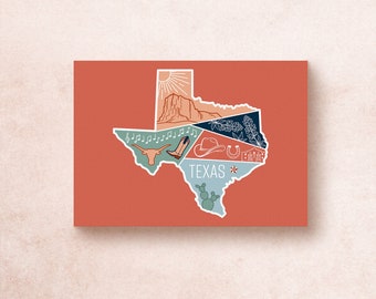 Texas Postcard | USA State Geometric Travel Adventure Illustration National Parks | Souvenir Gift Decor