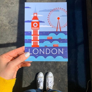 Carte postale de voyage à Londres | Carte postale illustrée de 5 x 7 po. Londres, Angleterre, Travel Adventure Bus Taxi Bridges | Cadeau souvenir | Décor image 6