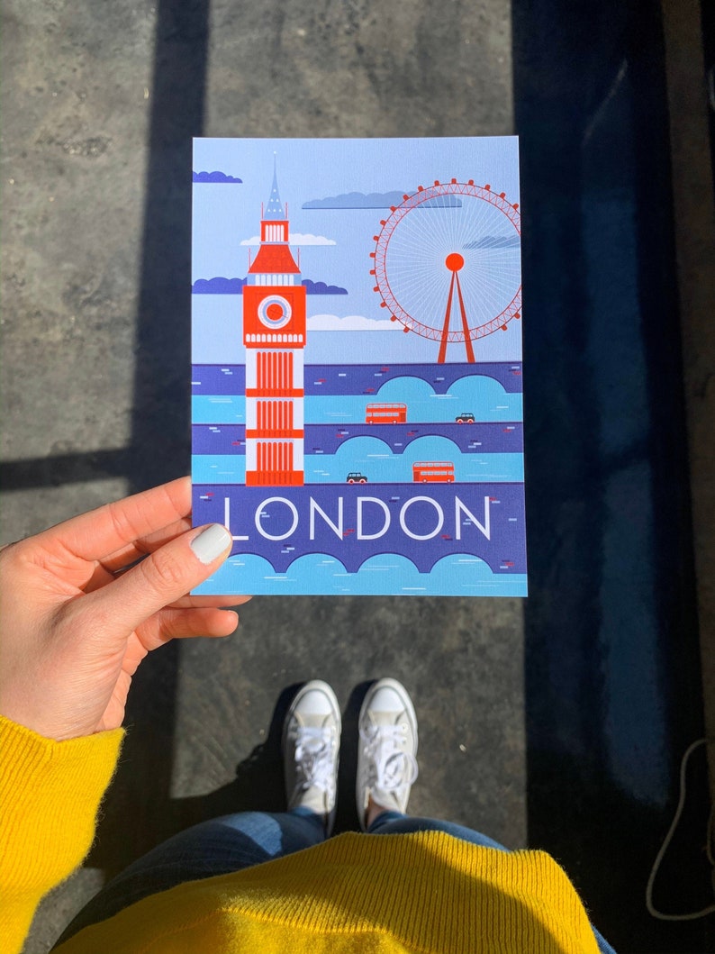 Carte postale de voyage à Londres | Carte postale illustrée de 5 x 7 po. Londres, Angleterre, Travel Adventure Bus Taxi Bridges | Cadeau souvenir | Décor image 6
