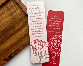 L’amour est un signet de vers patient | 1 Corinthiens 13:4-8 | Roses florales | Taille 2"x7" | Signet de cartes de mémorisation de versets bibliques