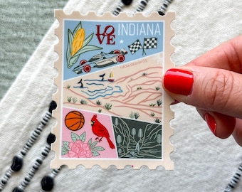 Indiana Stamp Sticker | USA State Travel Souvenir Gift Mountains Nature Dunes National Park Corn Indianapolis 500 Baseball Peony Waterfall