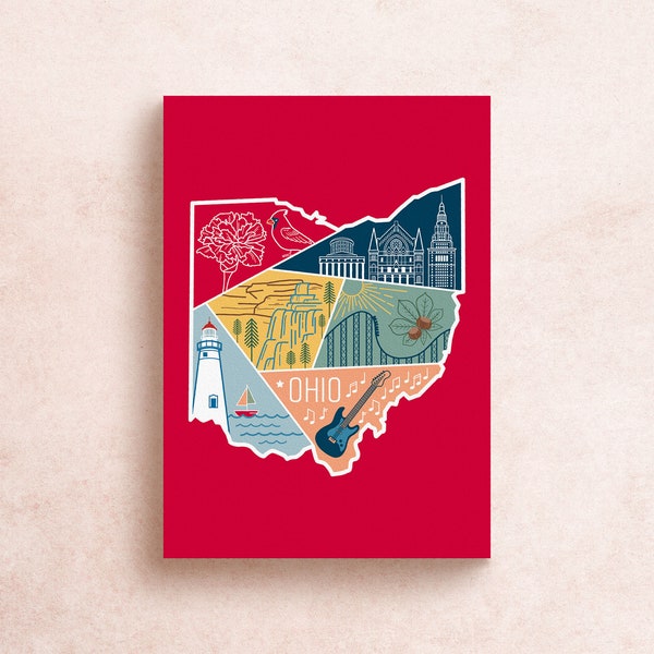 Ohio State Travel Postcard Print | Geometric Travel Adventure Mountains National Parks  | Souvenir Gift Decor