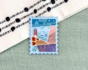 Rhode Island Stamp Magnet | USA State Travel Souvenir Gift Lighthouse Ocean Oyster Flower Bluffs Sailing Nature Outdoor Autumn Color Whales