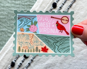 West Virginia Stamp Sticker | USA State Travel Souvenir Gift Appalachian Mountain Nature Parks Waterfall Leaves Music Banjo Bridge Flowers