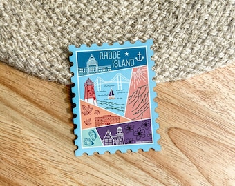 Rhode Island Stamp Magnet | USA State Lighthouse Oysters Flower Ocean Beach Nature Outdoor Travel | Decorative Gift | Weatherproof