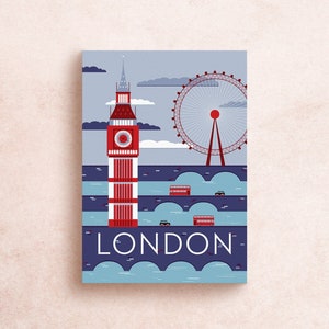 Impresión de postal de viaje a Londres / Postal ilustrada de 5" x 7" de Londres, Inglaterra, Puentes de taxis y autobuses de aventura de viaje / Regalo de recuerdo / Decoración