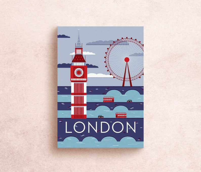 Carte postale de voyage à Londres | Carte postale illustrée de 5 x 7 po. Londres, Angleterre, Travel Adventure Bus Taxi Bridges | Cadeau souvenir | Décor image 1