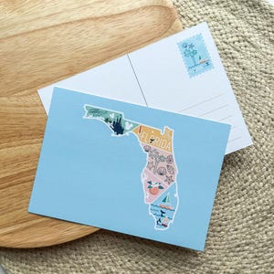 Florida Postkarten Druck | 5x7 Geometrische USA Zustand Reise Abenteuer Strand Ozean Boote Palmen Muscheln Schloss Alligatoren Raum Natur Geschenke