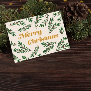 Cartão de Feliz Natal | 4,25” x 5,5” com Envelopes Brancos | Folhas de Folhas Verdes Plantas Ilustração Dourada Presentes Natureza Presentes Bonitos para amigos