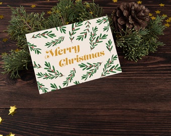 Merry Christmas Card | 4.25” x 5.5" Folded Greeting Cards with White Envelopes | Greenery Leaves Plant Gold Illustration Gifts