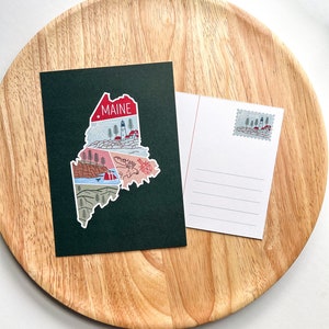 Stampa cartolina di viaggio dello stato del Maine / Avventura geometrica Montagne Aragosta Faro Alce Parchi nazionali di Acadia Natura Souvenir Regalo Decorazione