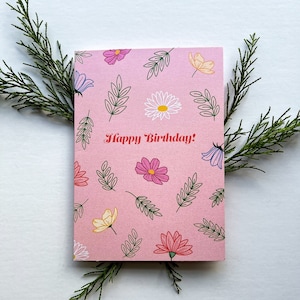 Alles Gute zum Geburtstag Wildblumen Karte | 5 "x 7" Blumengrün-Blatt-Blumen-niedliches Geschenk illustrierte Geburtstags-Feier-Geschenke niedliches rosa Muster