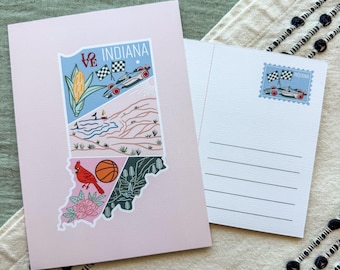 Indiana Postcard Print | USA State Travel Souvenir Gifts Adventure Mountains Dunes National Park Corn Indy 500 Baseball Peony Waterfall