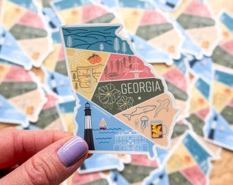 Pegatina de Georgia / Recuerdo de viaje del estado de EE. UU. / Montañas, faro, playa, océano, parque nacional Peach, flores, exterior, resistente a la intemperie