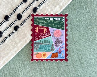 Alabama Stamp Sticker | USA Travel Souvenir Gift Nature Mountains Football Peanut Peony Marti Gras BBQ Peaches US Rocket Parks Waterfall