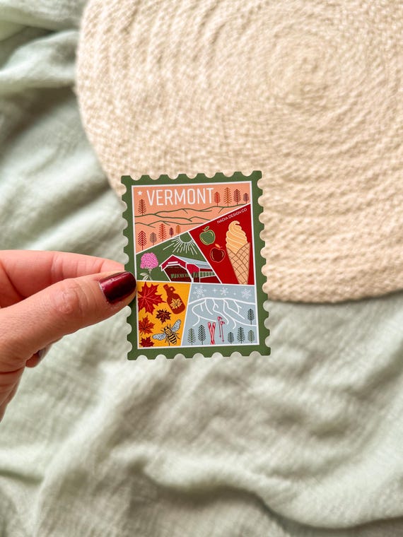 Vermont Stamp Magnet | USA State Travel Souvenir Gifts | Nature Skiing Mountains Maple Syrup Fall Autumn Ice cream