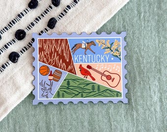 Kentucky Stamp Magnet | USA State Souvenir Travel Gift Mountains Outdoor Adventure Nature National Park Caves Derby Basketball Flowers Music