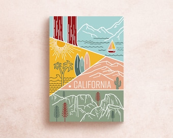 California Postcard | Geometric Travel Adventure Mountains National Parks Half Dome Yosemite Lake Tahoe Desert | Souvenir Gift Decor