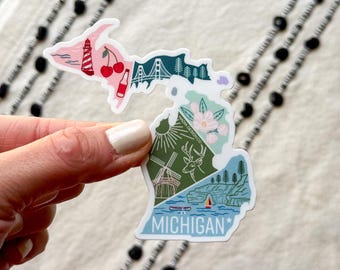 Michigan Sticker | USA State Travel Souvenir Gift | Illustrated Lakes, Mountains, Lighthouse, Nature & Outdoor Design Weatherproof Vinyl