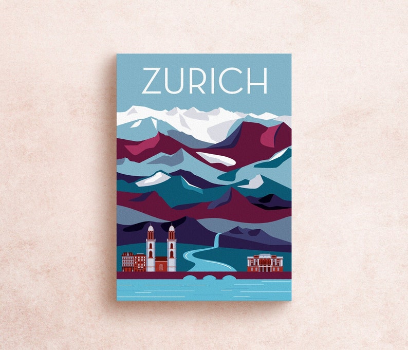 Carte postale de voyage de Zurich, Suisse | Aventure illustrée Montagnes Ville Europe Nature Cadeaux Souvenirs Décoration image 1