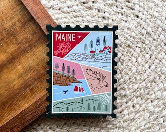 Maine Stamp Magnet | USA State Travel Gift Souvenir Mountains National Parks Moose Lobster Lighthouse Ocean Nature Outdoor Decorative