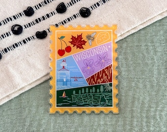 Wisconsin Stamp Acrylic Magnet | USA State Travel Souvenir Gift | Nature Caves Lake Cliffs Lighthouse Cherry Cheese Violets Apostle Islands