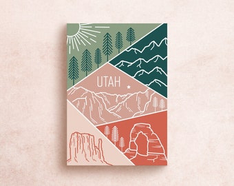 Utah State Travel Postcard Print | Geometric Travel Adventure Mountains Zion Arches National Parks Canyonlands | Souvenir Gift Decor