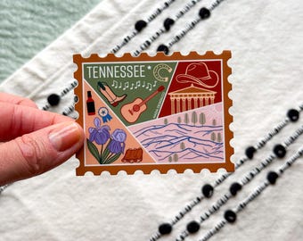 Tennessee Stamp Sticker | USA State Travel Souvenir Gift | Blue Ridge Mountains Nature Iris Cowboy Boots BBQ Whiskey Fairs Country Music