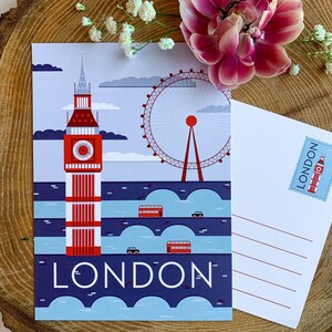 Carte postale de voyage à Londres | Carte postale illustrée de 5 x 7 po. Londres, Angleterre, Travel Adventure Bus Taxi Bridges | Cadeau souvenir | Décor image 5