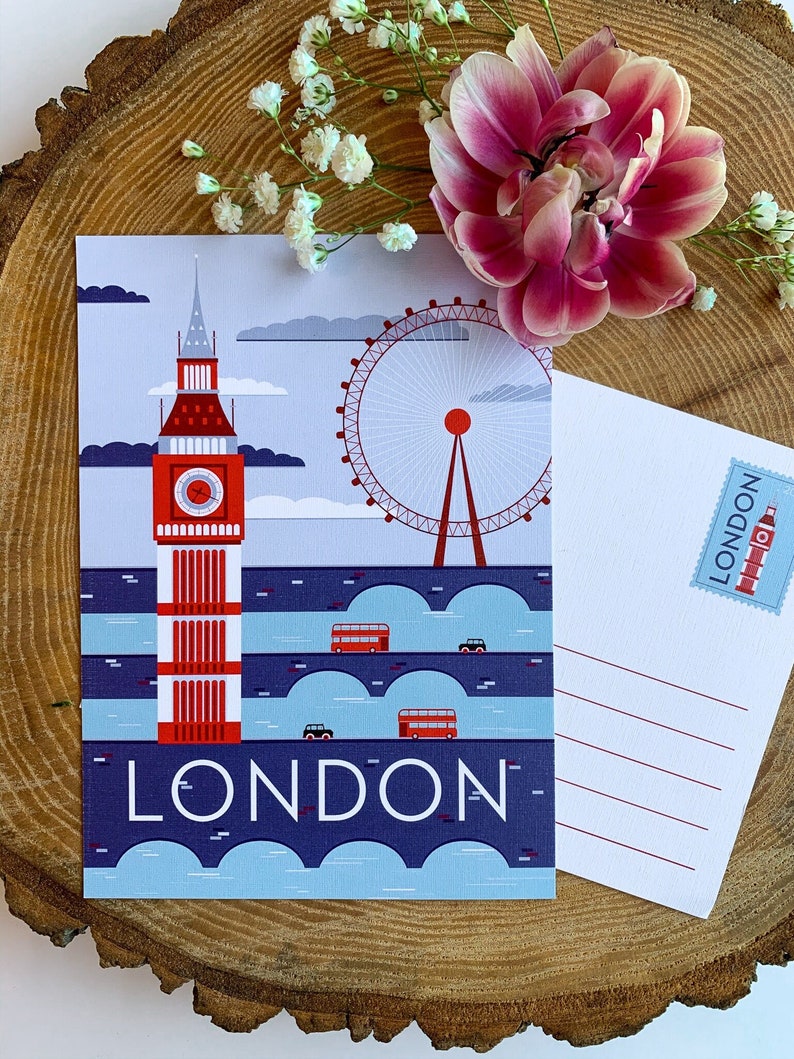 Carte postale de voyage à Londres | Carte postale illustrée de 5 x 7 po. Londres, Angleterre, Travel Adventure Bus Taxi Bridges | Cadeau souvenir | Décor image 5