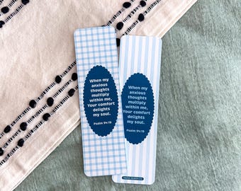 Psalm 94:19 NASB Bookmarks | Blue Gingham Pattern Size 2x7 Christian Scripture Memorization Cute Gift for Readers & Bible Faith Tassels