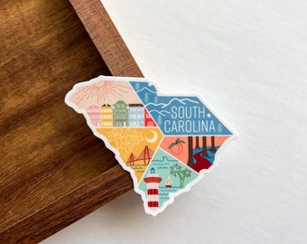 South Carolina Sticker | USA State Travel Souvenir Rainbow Row Blue Ridge Mountains Lighthouse Beach Ocean Peach National Park Weatherproof